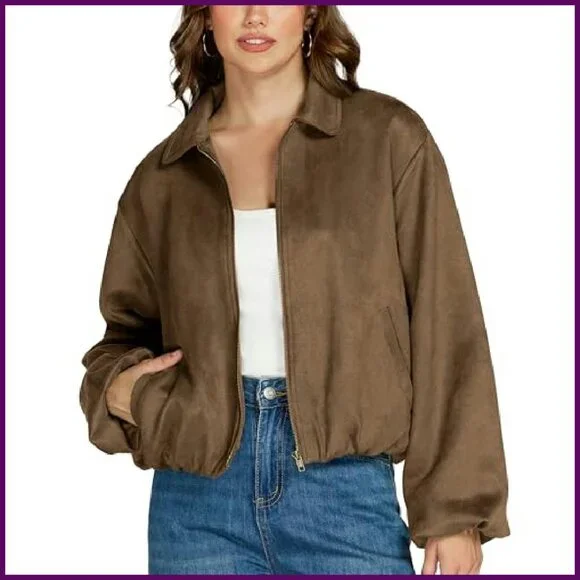 Faux Suede Cropped Bomber Jacket Women's Long Sleeve Zip Up Casual Outerwear
